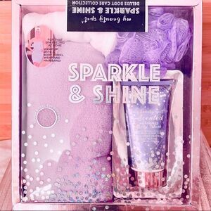 NWT sparkle shine deluxe 4 Pcs set body wrap,hair towel turban,shower pouf & gel